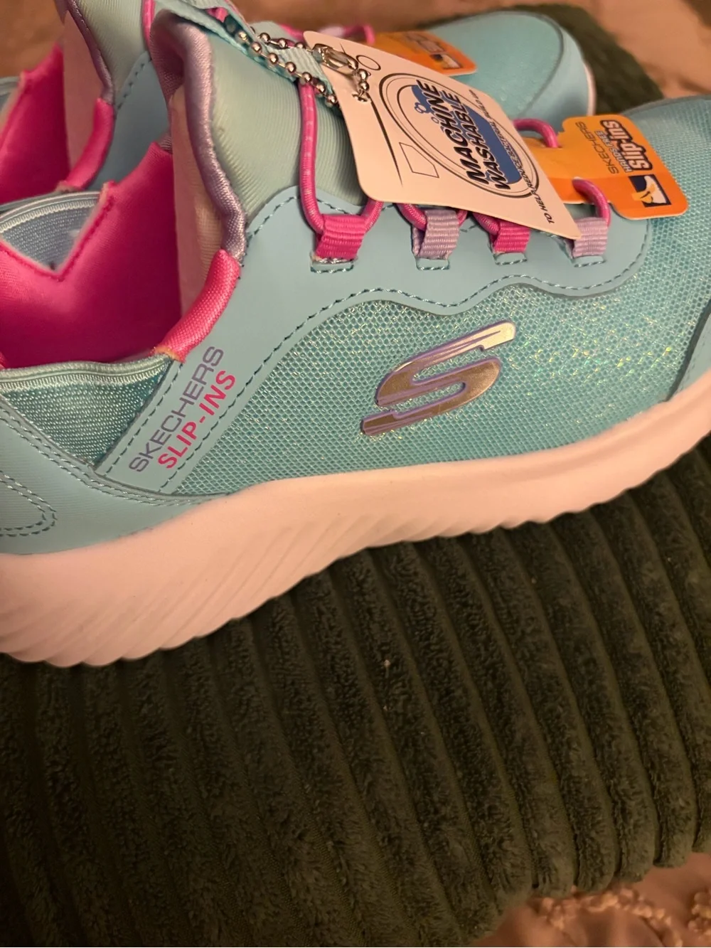 Skechers Kids Blue and Pink Hands-Free Slip-Ins, girls size 2, NEW